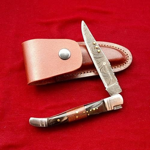CRAFTOMATIK Damast Stahl Taschenmesser | Klappmesser Laguiole | Büffelhorn, Rosenholz, Edelstahl, Messing Stiften Griff | Handgefertigt Outdoor Damastmesser Camping Messer | FK25