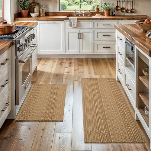 MatEssenz Cotton Blend Kitchen Rug Set 2 Piece, American Country Woven Runner Rug and Doormat, 20x48+20x30, Rustic Farmhouse Washable Area Rugs for Kitchen, Laundry, Entryway