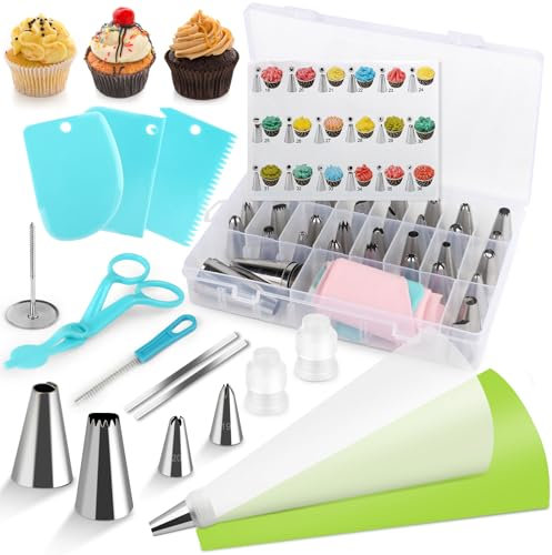 AWAMRWA Spritzbeutel Mit Tülle 72 Teiliges - Torten Zubehör Set mit 42 Spritztüllen 4 Spritzbeutel Wiederverwendbar 3 Schaber Backzubehör für Torten Deko Tortenspritze