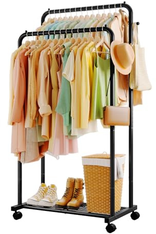 Sakugi Clothes Rail - Double-Rod Rustproof Clothes Rack with Anti-Slip Stoppers, Shoes Shelf and Hooks, Multifunctional Hanging Rack for Laundry, Entryway, Bedroom, Shop, 73 x 42 x 150 cm, Black