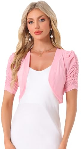 Allegra K Axelskydd dam elegant kort ärm transparent bolero chiffong öppen framtill kort sommarjacka, Rosenröd, XS