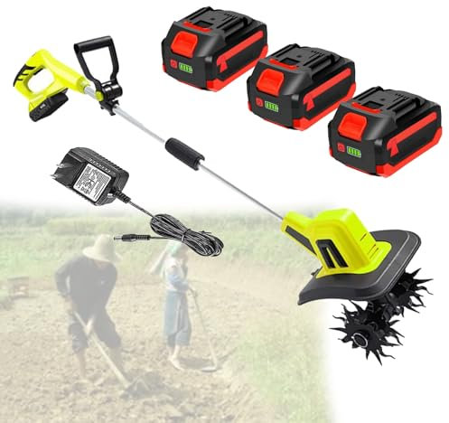 VFMVOYNZ Motoazada eléctrica para jardín, cultivadora, rotovator y motocultor con 2/4 Cuchillas, Ancho de Trabajo 10,5/25 cm, Profundidad 25/22 cm, batería 3×4000 mAh para Jardines, huertos(B)