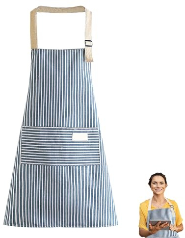 WQEDVN Cooking Aprons for Women, Aprons for Cooking, Kitchen Apron, Stripe Bib Apronc, Woman Apron with Pockets, For Cooking, Baking, Gardening, Household Cleaning, Restaurant (Blue)