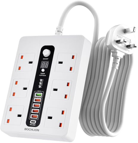BOCHLION Extension Lead with 6 USB Slots (PD20W/QC3.0), 6 Way Outlets Power Strip Surge Protector with 1-24 Hour Timer, 2M Extension Cord Plug Extension Socket for Home, Office, Travel - White