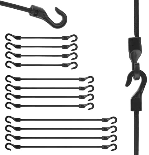 Bungee Cords with Hooks Pack of 12 - Various Lengths 10/15/23 cm - Heavy Duty Expander with Hooks, Flexible Elastic Band with Hooks, Heavy Duty Tension Straps with Hooks for Luggage, Car, Camping