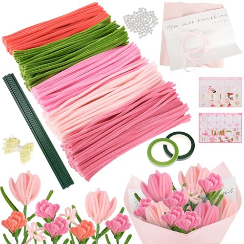 PaiTaiChan 1020 Stück Pfeifenputzer zum Basteln Pfeifenreiniger Blumen Set mit Anleitung inklusive Blumenstrauß Klebebandrolle Blumenstraußverpackung und Band