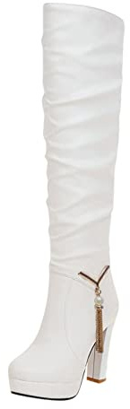 Generisch Bottes hautes sexy pour femme avec talon épais et grandes bottines à talons hauts extrêmement plateformes avec talon bloc et lacets fermeture éclair, Blanc., 40 EU