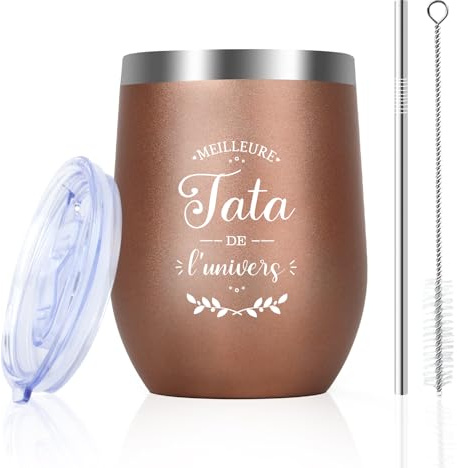 Idee Cadeau Tata Cadeau Anniversaire Femme Verre a Vin Cadeaux Tatie Tante | De Niece Soeur Famille Maison Mignon Fête Des Mères 355ml Tasse à Café En Acier Inoxydable Avec Paille Saint Valentin