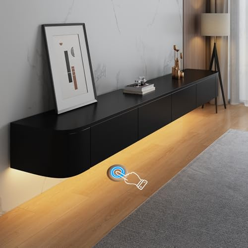HYANXUE Schwimmender TV-Ständer, wandmontierte TV-Regale mit Tür, TV-Medienkonsole, schwimmender TV-Schrank, großer Stauraum, TV-Bank unter dem Fernseher (Schwarz + LED, 220 cm)