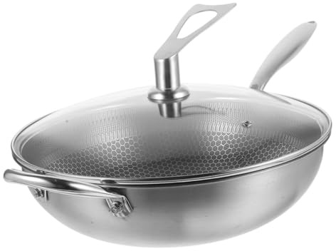 Hemobllo Padella Wok in Acciaio con Coperchio e Rivestimento Nido d Antiaderente Adatta per Cucine Gas Resistente e Leggera per Cottura e Pratica