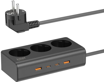 JSVER Regleta Enchufes USB, Compacto y Elegant Enchufes con 3 Toma de Corriente y 4 USB Puertos(PD 20 W Carga rápida) Estación de Carga Inteligente USB Regleta con Cable 1.5m-Negro