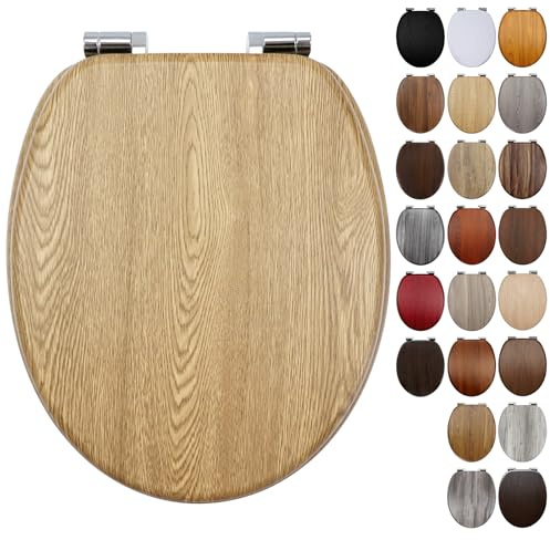 WC-Sitz aus Eichenholz, mit verstellbaren Scharnieren aus massiver Zinklegierung, ovaler MDF-Holz-Toilettensitz mit Befestigungen an der Unterseite, leicht zu reinigen und zu installieren, 45,7 cm