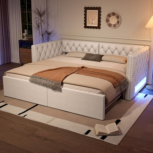 DJHWX Tagesbett Ausziehbar 90/180x200 cm, Schlafcouch Polsterbett Ausziehbar mit Gästebett,mit LED,Schlafsofa mit Lattenrost, Daybed Einzel und Doppelbett,Ausziehbett Gleiche Höhe,Beige