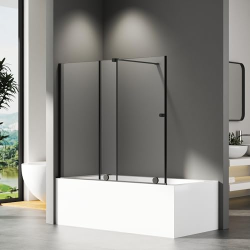 Hopibath Duschwand für Badewanne mit Schiebetür Schwarz Duschwand Badewannenaufsatz Duschtrennwand Duschabtrennung mit 6mm ESG Sicherheitsglas, Schiebetür,125x120cm