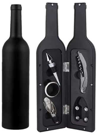 Set Accessori Vino 5 Pezzi in Custodia a Forma di Bottiglia - Kit Sommelier Professionale con Cavatappi, Tagliacapsule, Tappo, Versatore e Anello Salvagoccia - Idea Regalo Natale e Compleanno