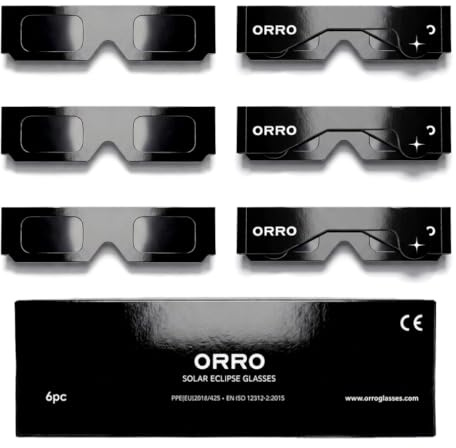 ORRO Gafas para Eclipse Solar de 37 mm, Pack de 2/6/12/50, Negras, Protección Ocular Certificada, Ensayadas según EN ISO 12312-2:2015, Marcado CE para Observación Directa del Sol - Ajuste Clásico