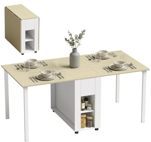 HOMCOM Esstisch Klappbar mit 2 Schubladen 168,2 x 85 x 73 cm Natur/Weiß | Küchentisch, 4 Ablagen, Bis zu 6 Personen, Moderner Klapptisch, Holzbeine, Esszimmertisch, Esszimmer, Küche