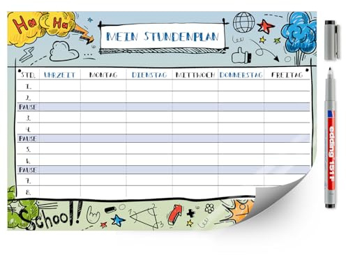 younikat Stundenplan abwischbar selbstklebend Comic - DIN A4 - dv489 | Wiederbeschreibbar, Digitaldruck, Whiteboard-Oberfläche, selbstklebende Rückseite, zum Schulanfang, inkl. Stift