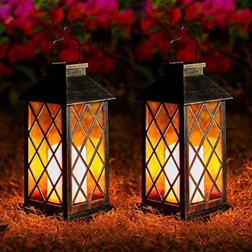 Solar Lanterns for The Garden– 2 Pack Garden Lanterns Flickering Moroccan-Style Outdoor Lights Auto On/Off Waterproof IP44 Warm White LED Ideal for Patio, Pathway & Christmas Decor