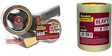 Scotch HV5066DB Handabroller HEAVY, 50 mm x 66 m, inklusiv 2 Rollen Klebeband, braun + HV5066TT Verpackungsklebeband HEAVY, 3 Rollen, 50 mm x 66 m, transparent
