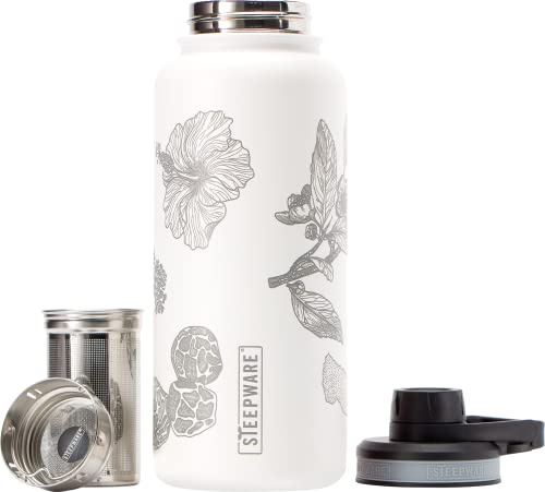 The Tea Spot Himalayan Tea Tumbler - Travel Bottle with Tea Infuser for Loose Leaf Tea or Iced Coffee - 32oz, White-Etched - Double-Walled Insulated Bottle - Keeps Drinks Hot & Cold for Hours