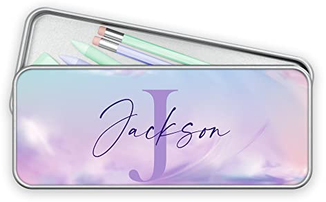 Print Maniacs Personalised Pencil Case Any Name Letter Tin Kids Boys Girls Back to School Stationary Pen Organizers Bag (Silver Case)