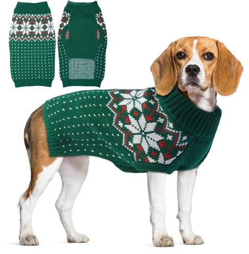 KATZINST Hunde Pullover, Weihnachtspullover Hund, Fleece Hundepullover Weihnachten mit Schneeflockenmuster, Hundepullover Mittelgroße Hunde für Chenery Malteser Jack Russell, Grün L