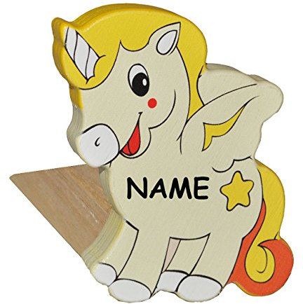 alles-meine.de GmbH 2 in 1: Türstopper/Fensterstopper/Unterlegkeil - aus Holz - Einhorn Pferd incl. Name - Türkeil/Klemmschutz/Türpuffer/Holztürstopper - für Kinder/J..