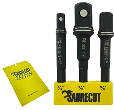 3 x SabreCut SCESAK1 Socket Adapters 1/4 inch HEX to 1/4 inch 3/8 inch 1/2 inch Square Drive for Impact Drivers Wrenches and Ratchets