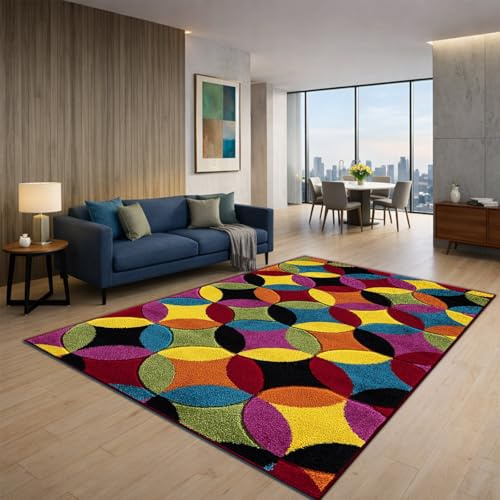 renoazul® Multi Colour Area Rugs for Living Room, Hallway, Bedroom and Office, 200 x 290 cm, Circle Bright, Soft Thick Pile Fluffy Thick Plush Polypropylene Carpet