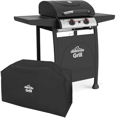 Dellonda 2 Burner Gas BBQ Grill with Piezo Ignition, Built-In Thermometer & Water Resistant Cover, Black/Stainless Steel - DG227