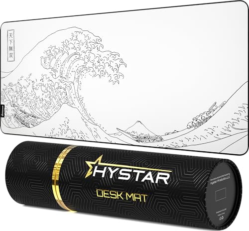 Hystar Gaming musmatta, mjuk texturerad tygyta, vattentåligt tyg, 5 mm tjock, bonus silikon dryckesunderlägg, hållbar låda för transport, den stora vågdesignen (vit)