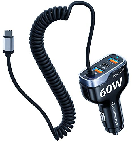 SUNDAREE Caricatore Auto USB C,60W 4 Porte 12V PD QC Fast Charge Carica Rapida Tipo C 1.8M Cavo Spirale Caricabatterie Accendisigari Adattatore for Redmi Note 12/Poco/Galaxy A32/iPhone 14/OnePlus/OPPO