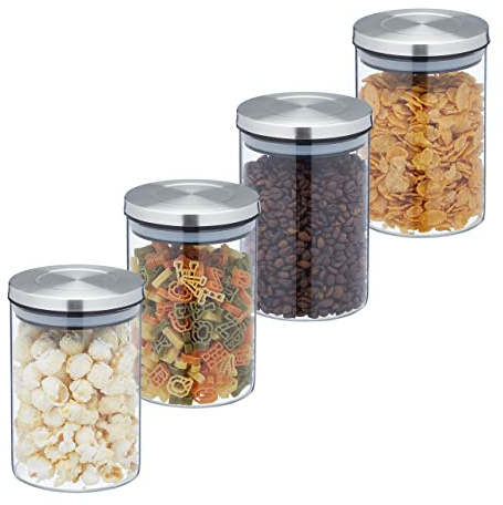 Relaxdays Vorratsgläser 4er Set, 750 ml Nudelglas, luftdicht, Edelstahldeckel, Vorratsdose für Küche, transparent/silber