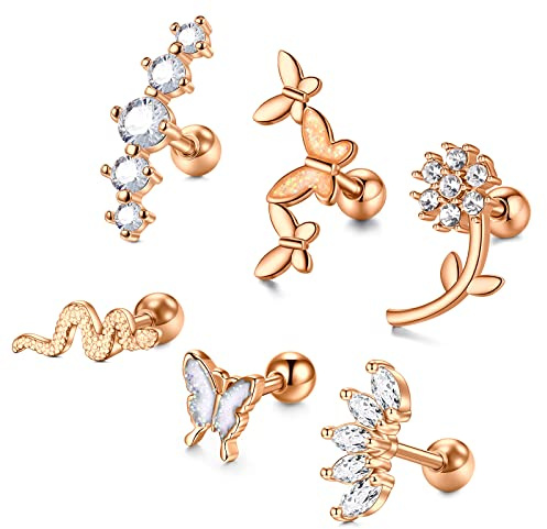 Longita Piercing Oreja Tragus Acero Inoxidable 16G Oro Rosa Mariposa Serpiente Helix Piercing Joyas para Mujeres Conch Piercing Oreja 6MM