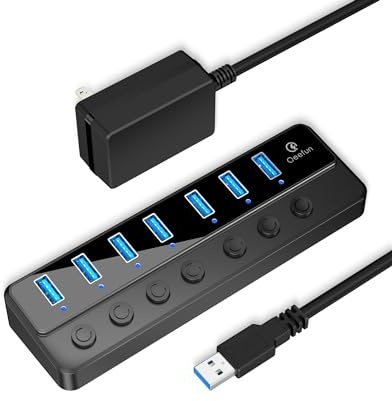 Qeefun Powered USB 3.0 Hub, 7-Ports USB Date Hub, 12V/2A 24W Power Adapter USB Extension Splitter and Individual LED Power Switches Supports MacBook, PC, HDD, SSD, Flash Drive, Mobile and More