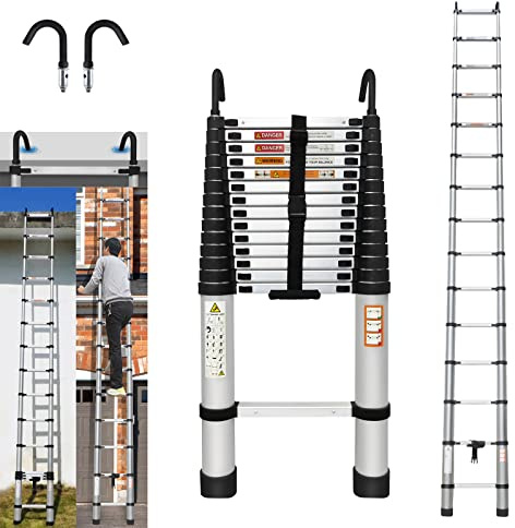 Telescoping Ladder 14FT Aluminum Telescoping Extension Ladder with Roof Hooks, 2.8Inch Detachable Hooks Prefect for Home Or Outdoor Rooftop, Collapsible Ladder Attic Ladder Rv Ladder 330lb Capacity