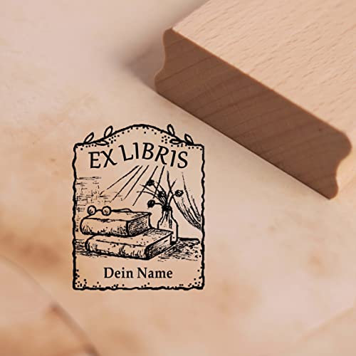 Ex Libris stämpel med namn – fönster, vas och böcker Exlibris bok motivstämpel trästämpel 38 x 48 mm