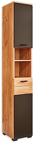 RIOM Badezimmer Hochschrank in Artisan Eiche Optik / Schwarz - Badezimmerschrank Bad Schrank mit viel Stauraum - 30 x 187 x 30 cm (B/H/T)