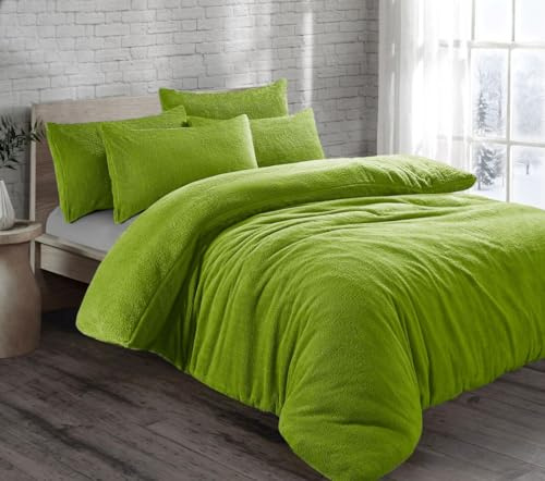 Velvet Stitch - Set copripiumino con federa in pile, termico, soffice, caldo, comodo, super morbido, tinta unita (Lime, Singolo)