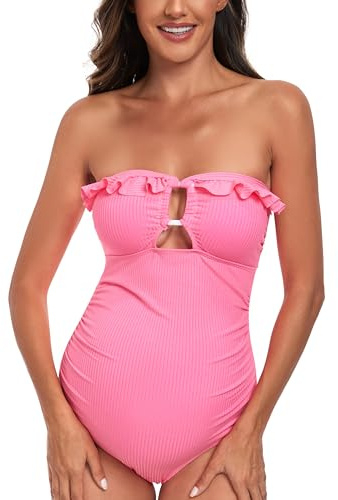 EastElegant Maternity Ruffle Ribbed Cutout One Piece Pregnancy Swimwear Square Ring Linked Bathing Suit, Pink, Large