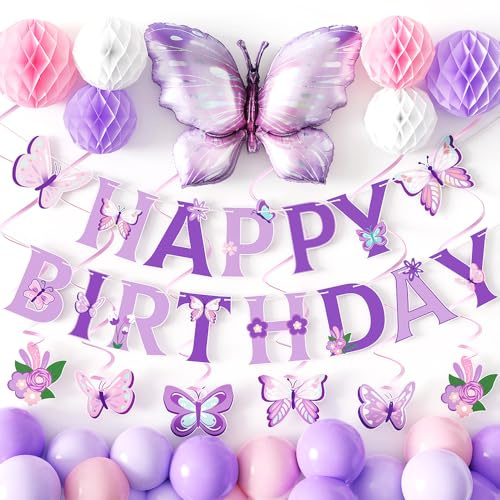 Purple Pink Birthday Party Decorations - Happy Birthday Banner, Spiral Pendant, Honeycomb Ball with Big Butterfly Foil Balloon