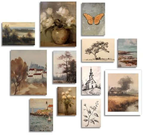Dazzlewall Stampe da Parete Rustiche Vintage, Quadri Fiore Albero Farfalla, Poster Decorazione Murale Stile Francese per Agriturismo Camera da letto Soggiorno Senza Cornice Set di 12