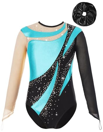 TiaoBug Turnanzug Mädchen Langarm Gymnastikanzug Bunt Streifen Tanz Body Overalls Trikot Leotards Wettkampf Kostüm 110 116 122 128 134 140 146 152 158 164 170 Türkis Schwarz L 170