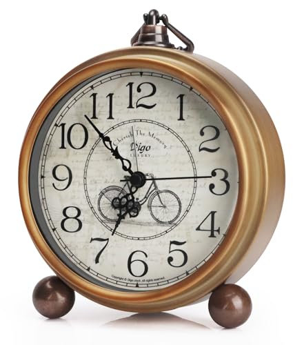 Maxspace Goldene Tischuhr aus Metall, Retro-Vintage, nicht tickend, batteriebetriebener Wecker, leises Quarzwerk, HD-Glas, für Schlafzimmer und Wohnzimmer, Innendekoration