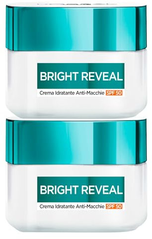 L'Oréal Paris Bright Reveal Crema Viso Idratante Anti-Macchie con Protezione Solare SPF 50 Uniformante Illuminante Rimpolpante Levigante Formula con Filtro UV e Niacinamide - 2 Barattoli da 50ml