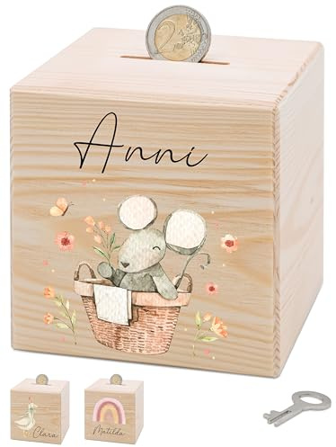 Bärenfreunde® - Personalisierte Spardose Kinder aus Holz mit Metallschloss - Spardose mit Namen mit kinderfreundlichem UV-Druck zum Sparen für Kinderträume (Maus Blumenkorb)
