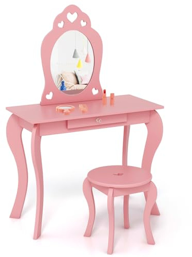 DREAMADE Schminktisch Kinder mit Hocker und Abnehmbarer Spiegel, Prinzessin Frisiertisch aus Holz mit Antikipp-Schutz, Kinderschminktisch für Kinder Mädchen (Rosa)