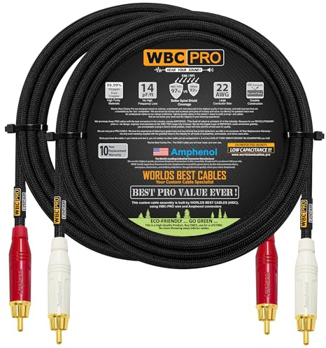 8 Foot RCA Cable Pair - WBC-PRO-LOCAP Low-Capacitance (14pF/ft) 22 AWG Ultra-Silent Audiophile & Professional-Grade Audio Interconnect Cable with Amphenol ACPR Gold RCA Plugs & Black Tweed Jacket
