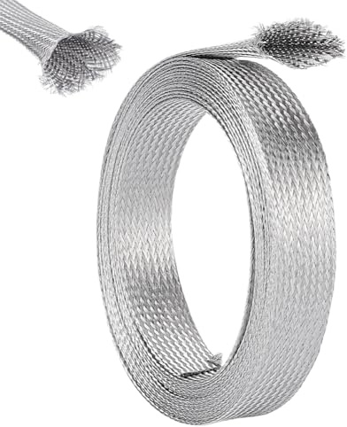 UNICRAFTALE 0.78 Wide Stainless Steel Braided Sleeving Braid 13.12 Feet Cable Wire Shielding Sleeve Ground Straps Protection Flat Metal Mesh Flexible Expandable Scalable Ribbon Wire for Protect Cable